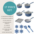 The Pioneer Woman 17 - Piece Ceramic Cookware Set with Strainer Lids and Cookie Sheet with Rack, Blue