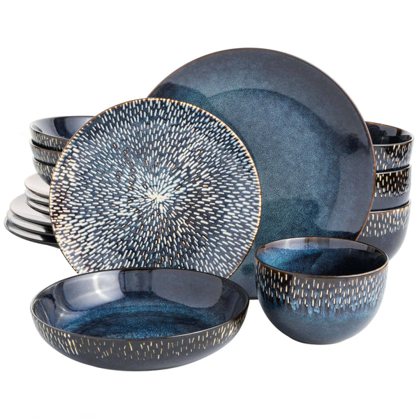 Gibson Elite Matisse 16-Piece Double Bowl Dinnerware Set, Cobalt