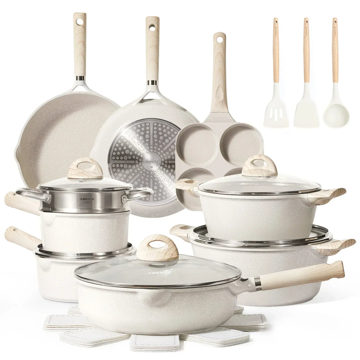Non Stick Pots and Pans Set. 21 Pcs Induction Kitchen Cookware Sets (Beige Granite)