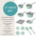 The Pioneer Woman 17 - Piece Ceramic Cookware Set with Strainer Lids and Cookie Sheet with Rack, Blue