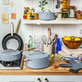 Beautiful 12pc Ceramic Non - Stick Cookware Set with Strainer Lids, White Icing by Drew Barrymore