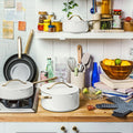 Beautiful 12pc Ceramic Non - Stick Cookware Set with Strainer Lids, White Icing by Drew Barrymore