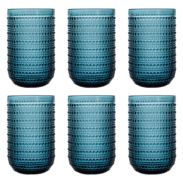 Bandesun Blue Vintage Highball Glasses Set of 6, 15 oz Hobnail Glassware, Embossed Romantic Drinking Glasses for Beer, Cocktail, Soda, Beverage