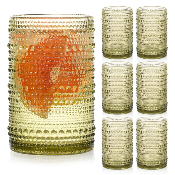 Bandesun Romantic Green Highball Glasses Set of 6, 15 oz Hobnail Glassware, Embossed Vintage Drinking Glasses for Beer, Cocktail, Soda, Beverage
