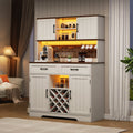 LAFGUR 72" Kitchen Storage Cabinet with Power Outlet & LED Light, Coffee Bar Cabinet with Drawers & Wine Glass Rack, Sideboard for Home, White