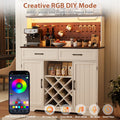 LAFGUR 72" Kitchen Storage Cabinet with Power Outlet & LED Light, Coffee Bar Cabinet with Drawers & Wine Glass Rack, Sideboard for Home, White