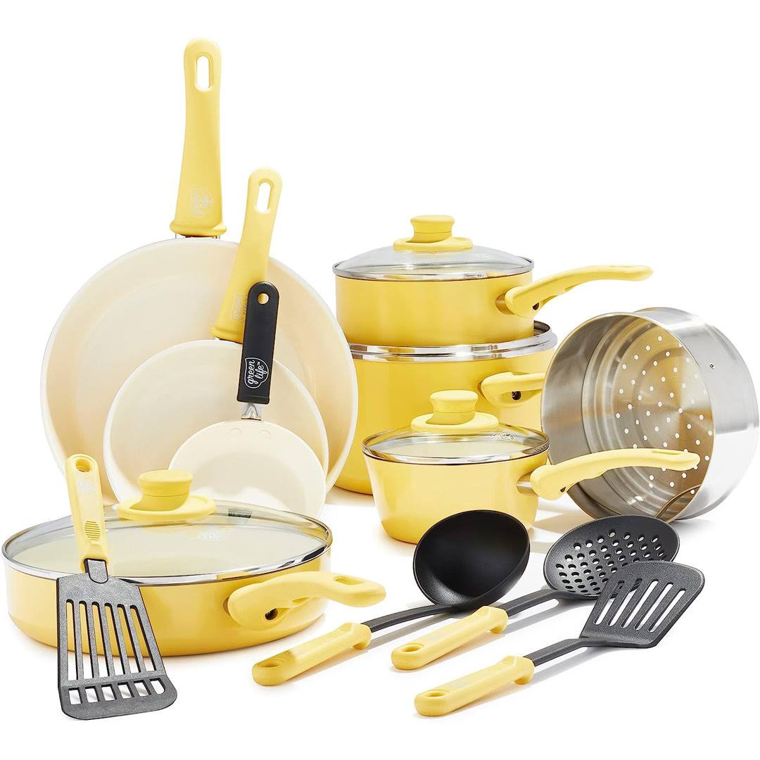 GreenLife Soft Grip Healthy Ceramic Nonstick Yellow Cookware Pots and Pans Set, 16-Piece