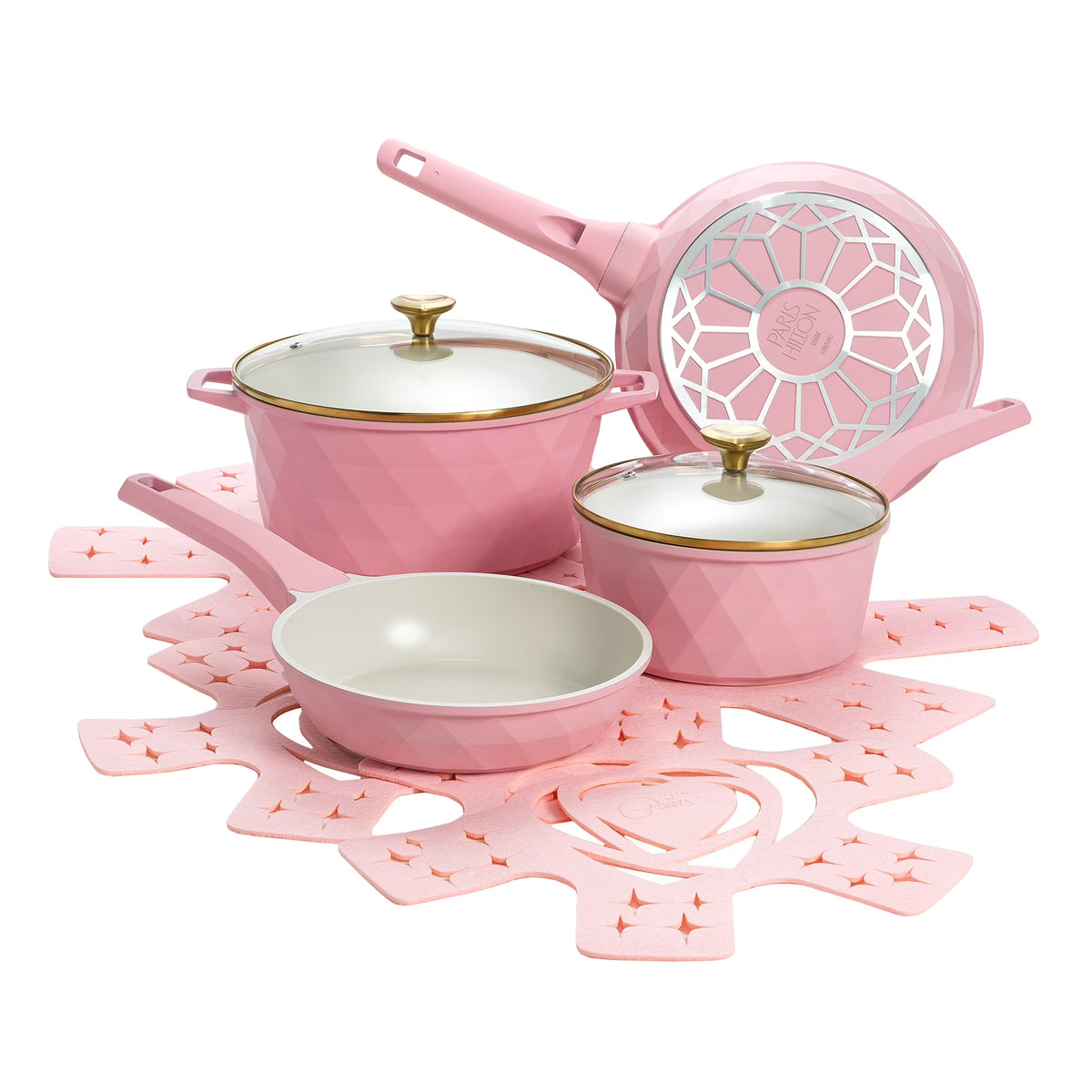 Paris Hilton 10 - Piece Ceramic Nonstick Cast Aluminum Cookware Set, Clean Ceramic? Coating, Faceted Pink Design