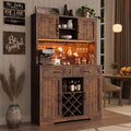 LAFGUR 72" Kitchen Storage Cabinet with Power Outlet & LED Light, Coffee Bar Cabinet with Drawers & Wine Glass Rack, Sideboard for Home, White
